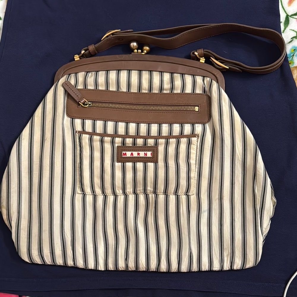 Marni Cream and Brown Shoulder Bag with Leather Accents